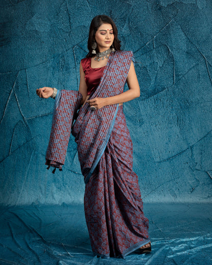 Maroon And Maya Blue Paisley Pattern Bagh Print Sequins Embroidery Handblock Natural Dye Cotton Saree With Tassels