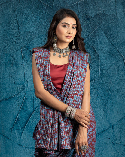 Maroon And Maya Blue Paisley Pattern Bagh Print Sequins Embroidery Handblock Natural Dye Cotton Saree With Tassels