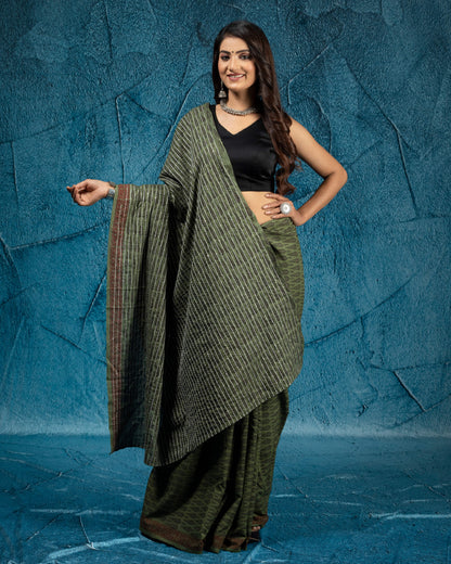 Mineral Green And Black Leaf Pattern Bagh Print Sequins Embroidery Handblock Natural Dye Cotton Saree