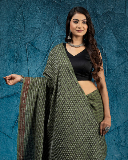 Mineral Green And Black Leaf Pattern Bagh Print Sequins Embroidery Handblock Natural Dye Cotton Saree