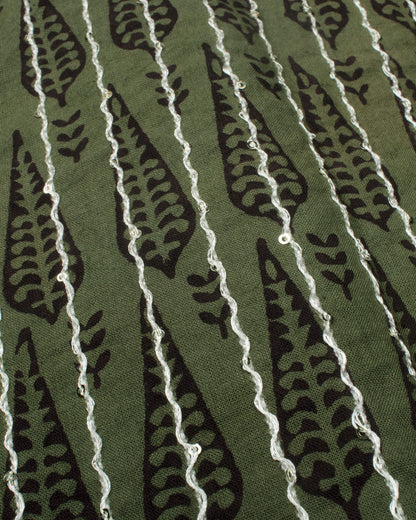 Mineral Green And Black Leaf Pattern Bagh Print Sequins Embroidery Handblock Natural Dye Cotton Saree