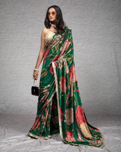 Fun Green And Pink Floral Pattern Digital Print Premium Velvet Saree With Zari Sequins Pearl Work Lace Border