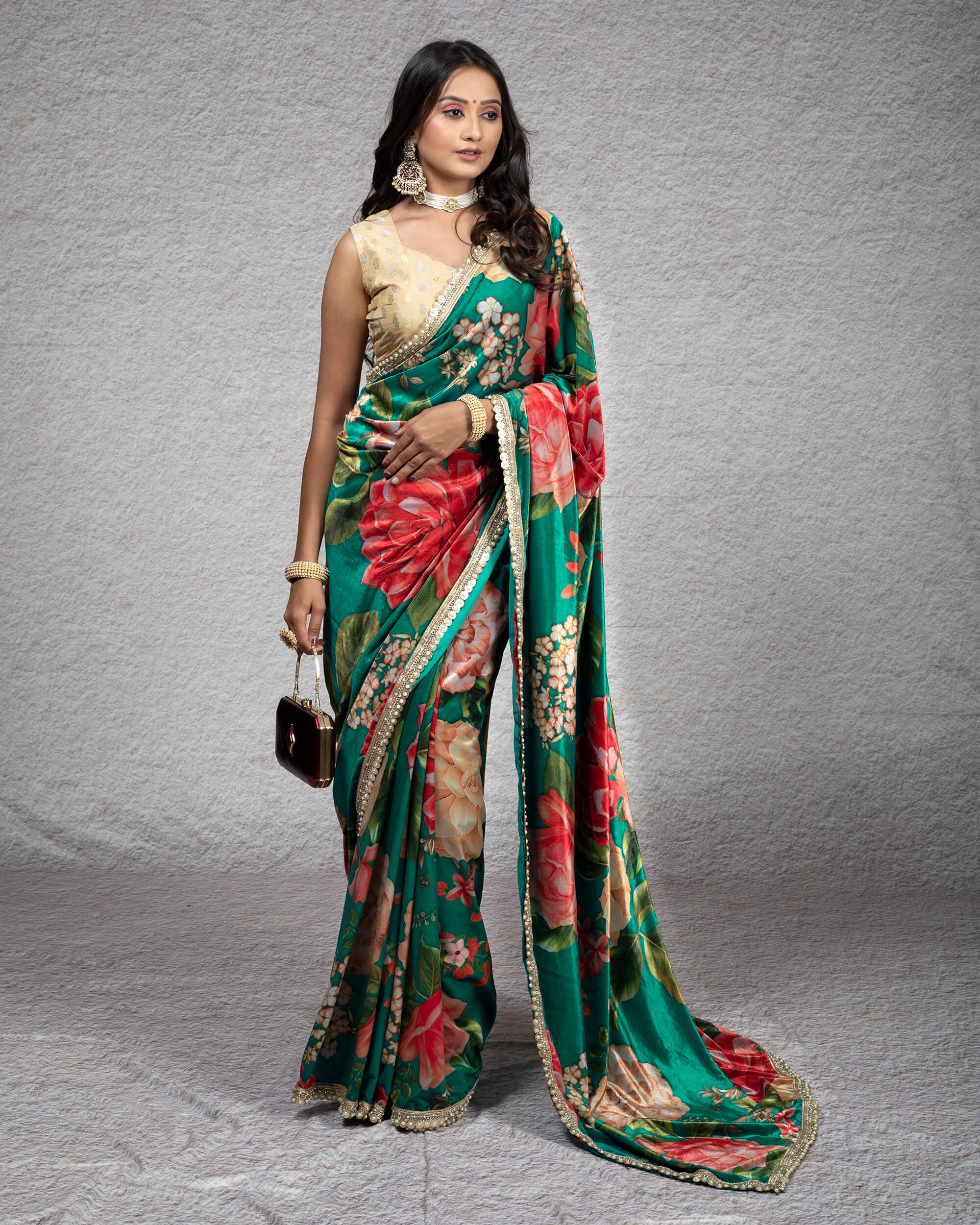 Vishal Prints Wine Digital Print Chiffon Saree With Stone Work And Sat