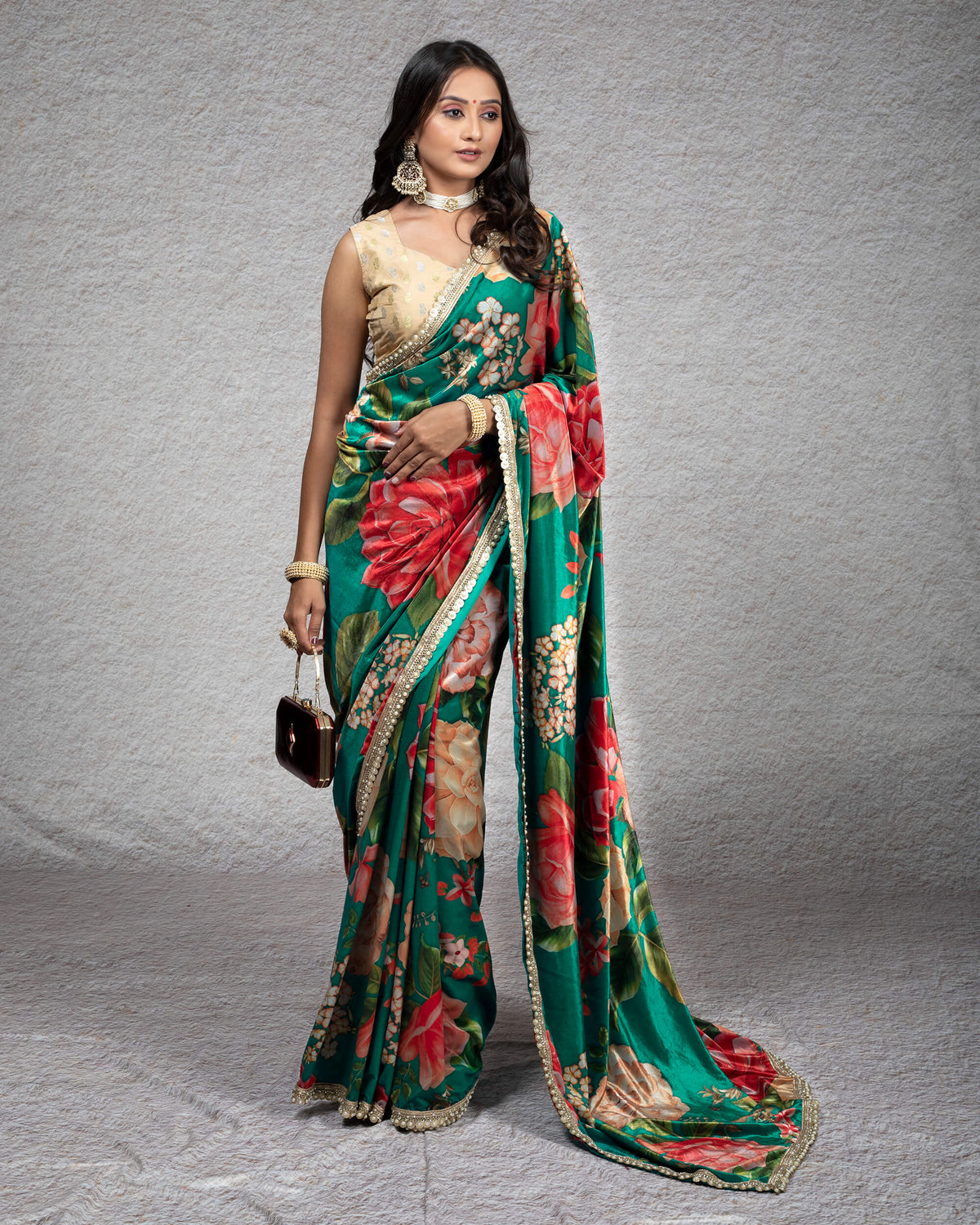Teal Green And Pink Floral Pattern Digital Print Premium Velvet Saree With Zari Sequins Pearl Work Lace Border