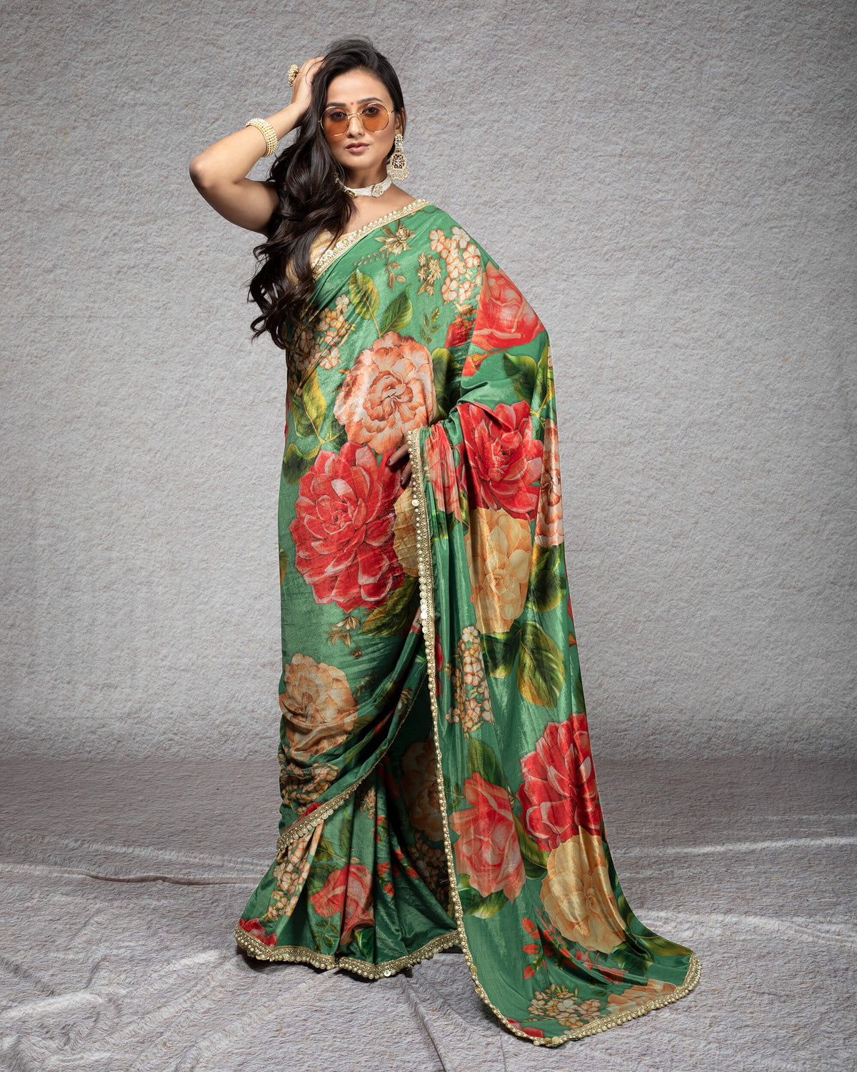 Fern Green And Pink Floral Pattern Digital Print Premium Velvet Saree With Zari Sequins Pearl Work Lace Border