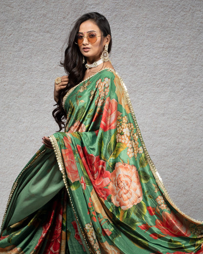 Fern Green And Pink Floral Pattern Digital Print Premium Velvet Saree With Zari Sequins Pearl Work Lace Border