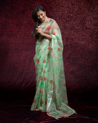Mint Green and Rust Orange Floral Pattern Digtal Print Shimmer Tisshu Saree With Tassles