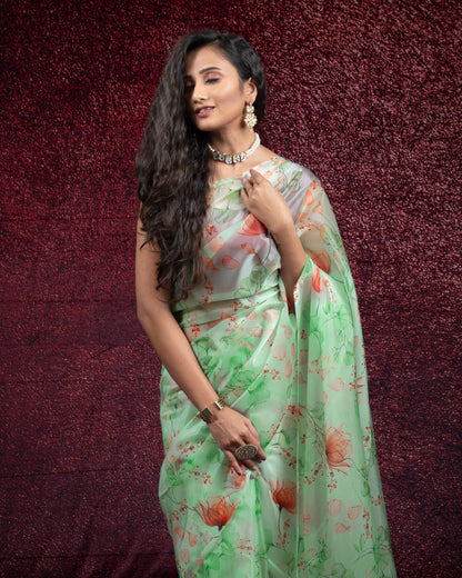 Mint Green and Rust Orange Floral Pattern Digtal Print Shimmer Tisshu Saree With Tassles
