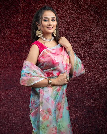 Pastel Blue and Rust Orange Floral Pattern Digtal Print Shimmer Tisshu Saree With Tassles