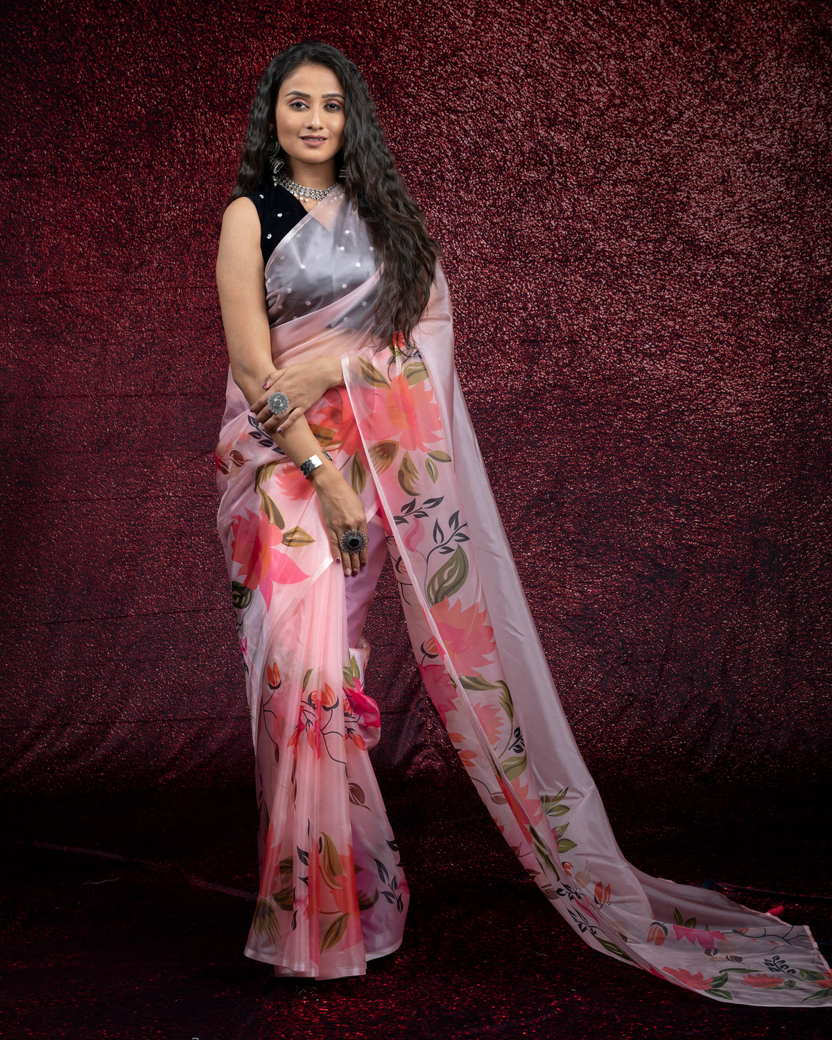 Pink Floral Pattern Digtal Print Organza Satin Saree With Tassles