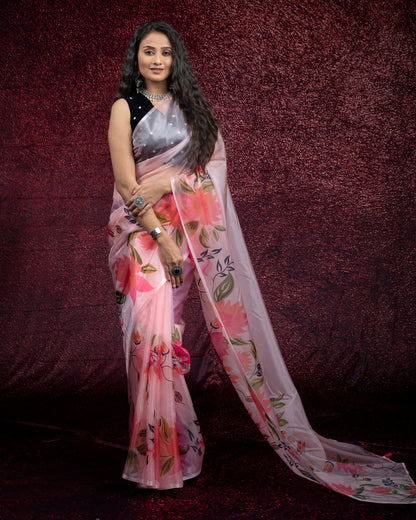 Pink Floral Pattern Digtal Print Shimmer Tisshu Saree With Tassles