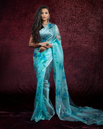 Baby Blue And Green Floral Pattern Digtal Print Shimmer Tisshu Saree With Tassles