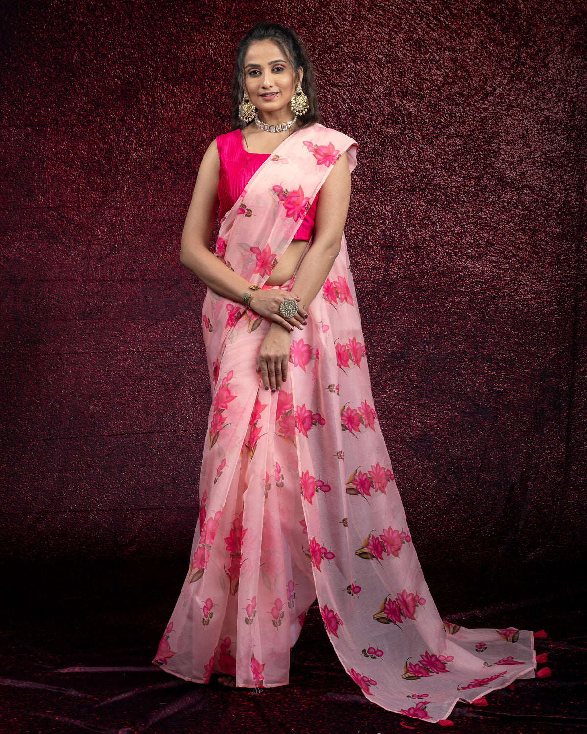 Pink Floral Pattern Organza Saree With Tassles