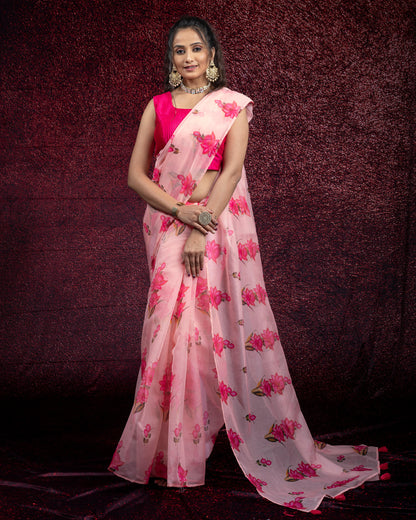Pink Floral Pattern Shimmer Tisshu Saree With Tassles