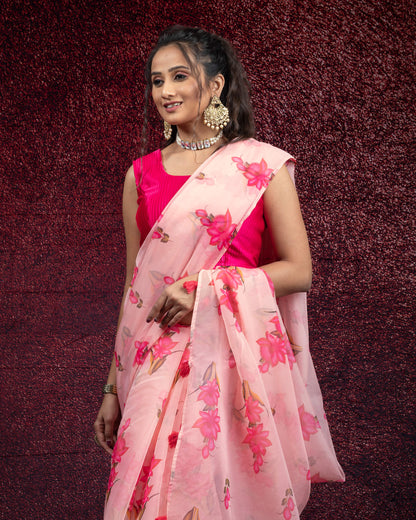 Pink Floral Pattern Shimmer Tisshu Saree With Tassles