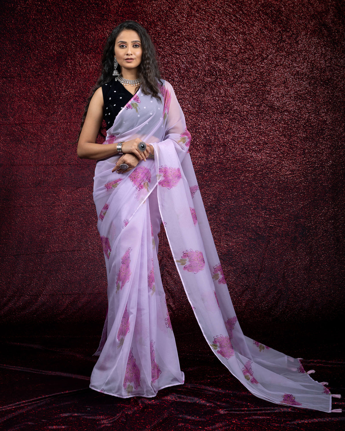 Mauve Purple And Pink Floral Pattern Organza Saree With Tassles