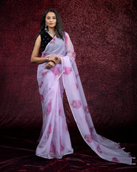Mauve Purple And Pink Floral Pattern Shimmer Tisshu Saree With Tassles