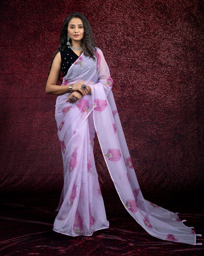 Mauve Purple And Pink Floral Pattern Shimmer Tisshu Saree With Tassles