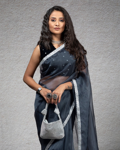 Dark Grey Plain Organza Tissue Saree With Silver Zari Lace Border