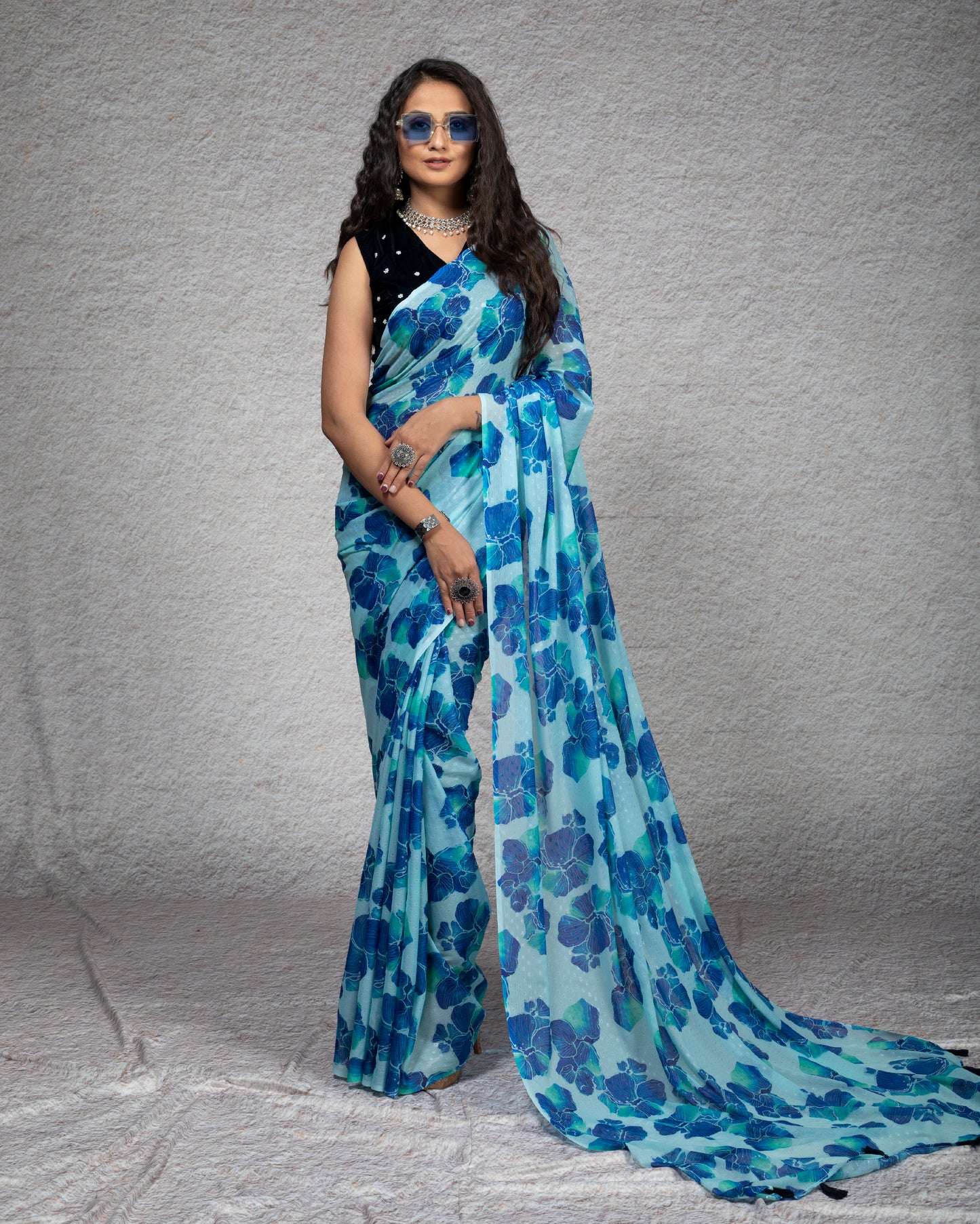 Blue Floral Pattern Digital Print Water Lurex Chiffon Saree With Tassels