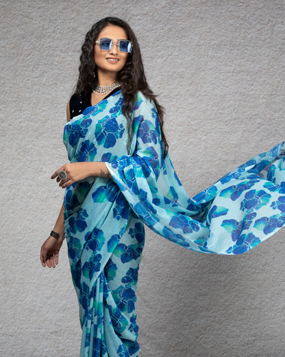 Blue Floral Pattern Digital Print Water Lurex Chiffon Saree With Tassels