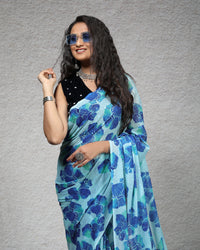 Blue Floral Pattern Digital Print Water Lurex Chiffon Saree With Tassels