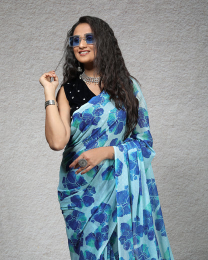 Blue Floral Pattern Digital Print Water Lurex Chiffon Saree With Tassels