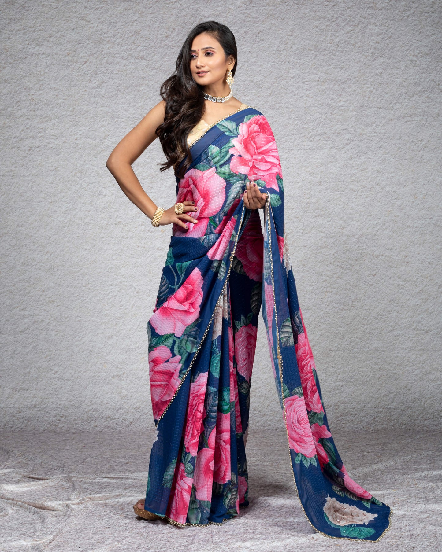 Yale Blue And Pink Floral Pattren Digital Print Sequins Georgette Saree With Tubular Beads Pearl Work Lace Border