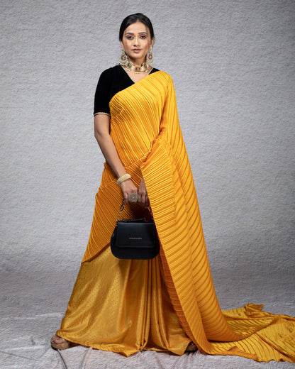 Butter Yellow Plain Half Pleated Jacquard Booti Japan Satin Saree