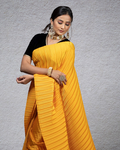Butter Yellow Plain Half Pleated Jacquard Booti Japan Satin Saree