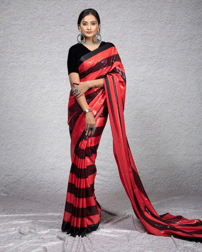 Black And Red Stripes Pattern All Over Sequins Digital Print Japan Satin Saree