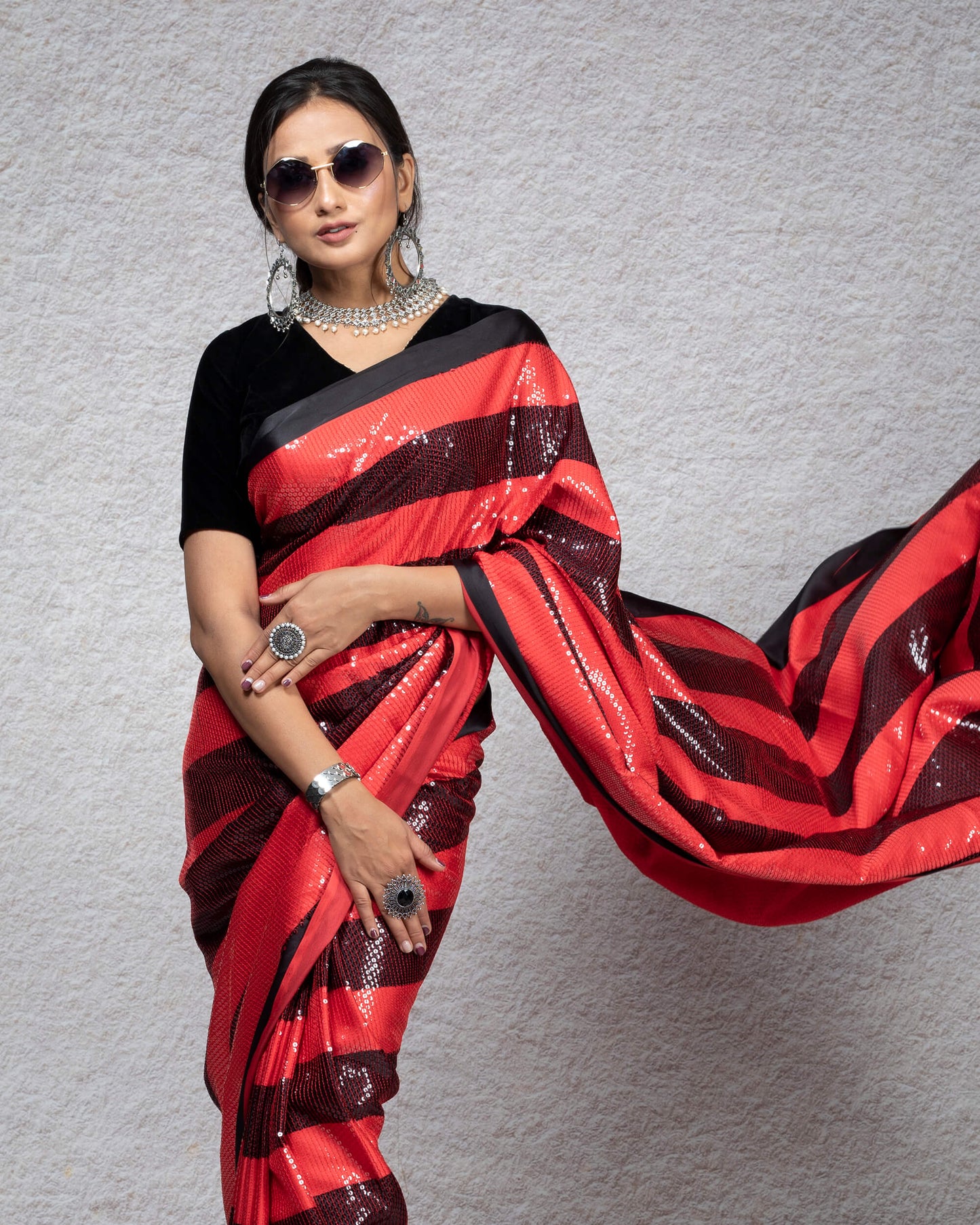Black And Red Stripes Pattern All Over Sequins Digital Print Japan Satin Saree