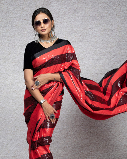 Black And Red Stripes Pattern All Over Sequins Digital Print Japan Satin Saree