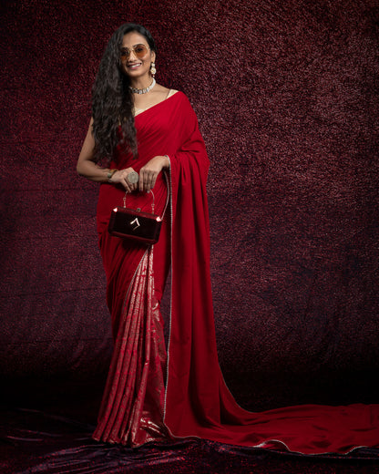 Red Plain Half Paisley Foil Print Velvet Saree With Lace Border