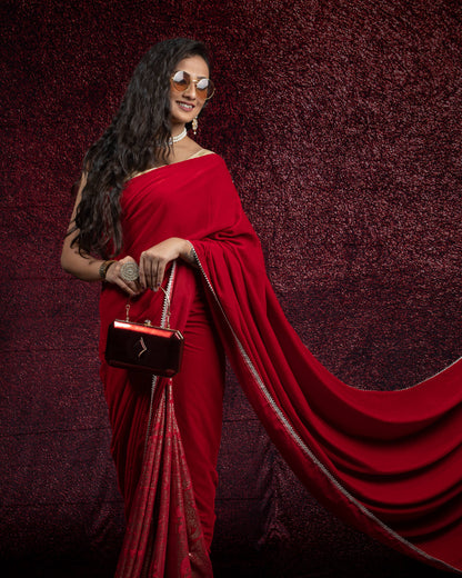 Red Plain Half Paisley Foil Print Velvet Saree With Lace Border