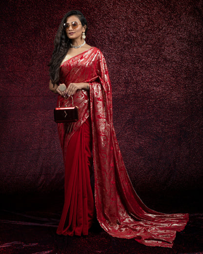 Red Plain Half Paisley Foil Print Velvet Saree With Lace Border