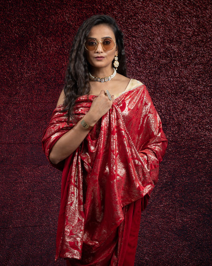 Red Plain Half Paisley Foil Print Velvet Saree With Lace Border