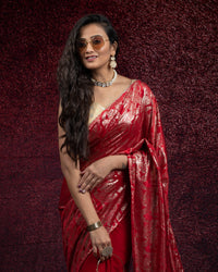 Red Plain Half Paisley Foil Print Velvet Saree With Lace Border