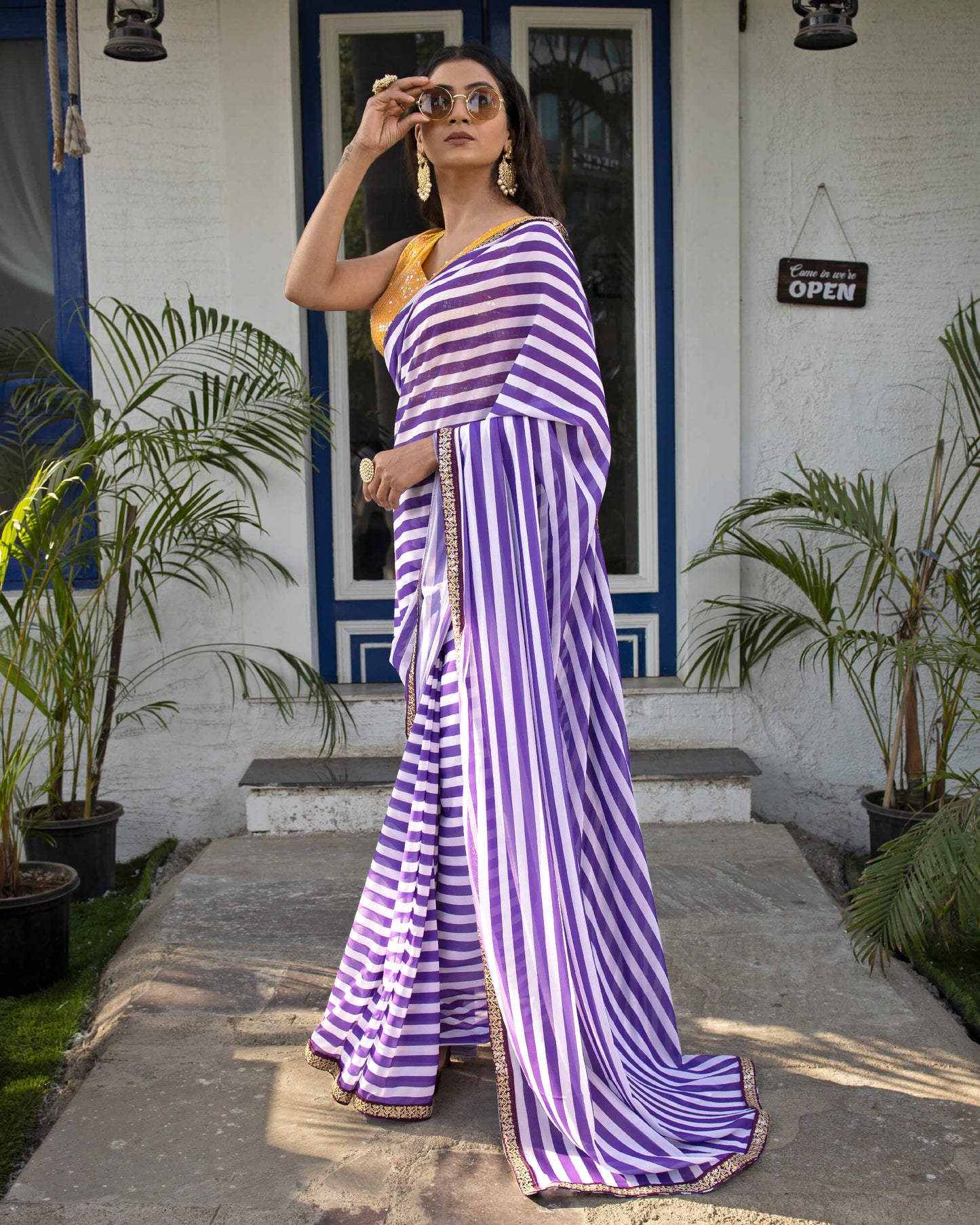Grape Purple And White Stripes Pattern Digital Print Georgette Saree With Zari Sequins Lace Border
