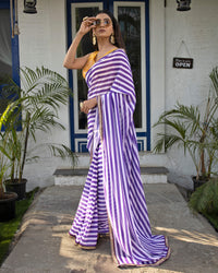 Grape Purple And White Stripes Pattern Digital Print Georgette Saree With Zari Sequins Lace Border