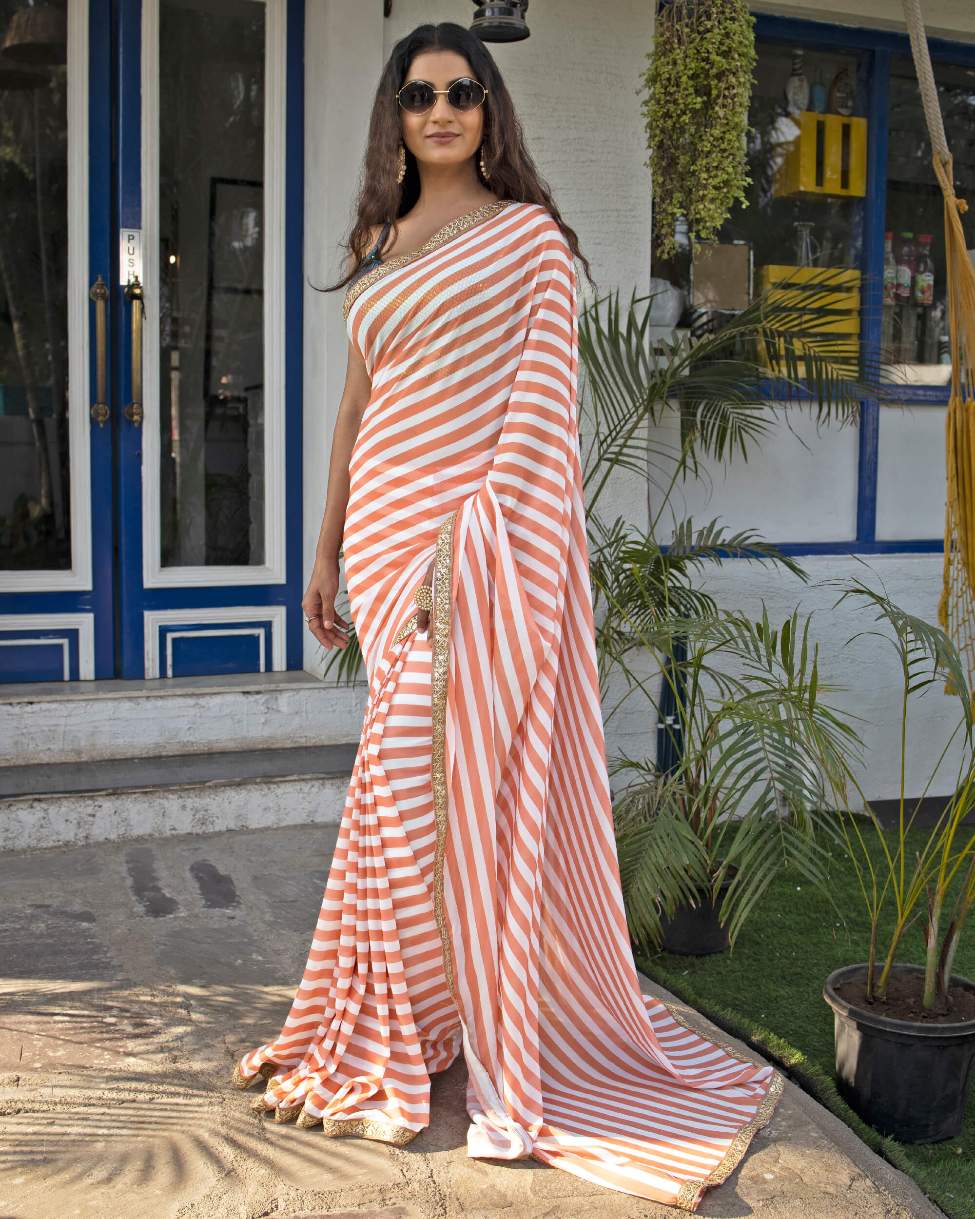 Black Georgette Plain Striped Saree – Leemboodi