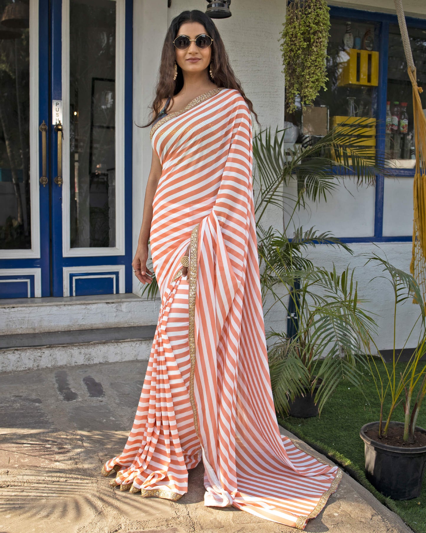 Peach And White Stripes Pattern Digital Print Georgette Saree With Zari Sequins Lace Border