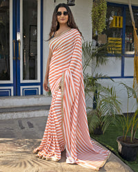 Peach And White Stripes Pattern Digital Print Georgette Saree With Zari Sequins Lace Border