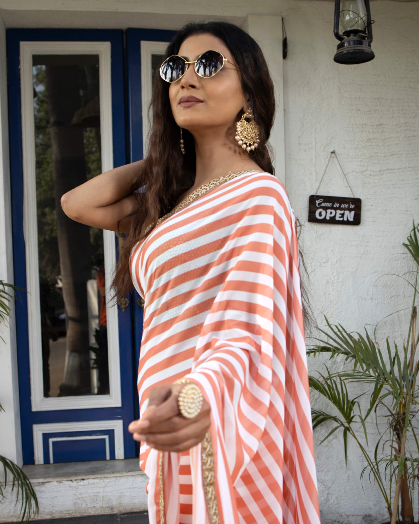 Peach And White Stripes Pattern Digital Print Georgette Saree With Zari Sequins Lace Border