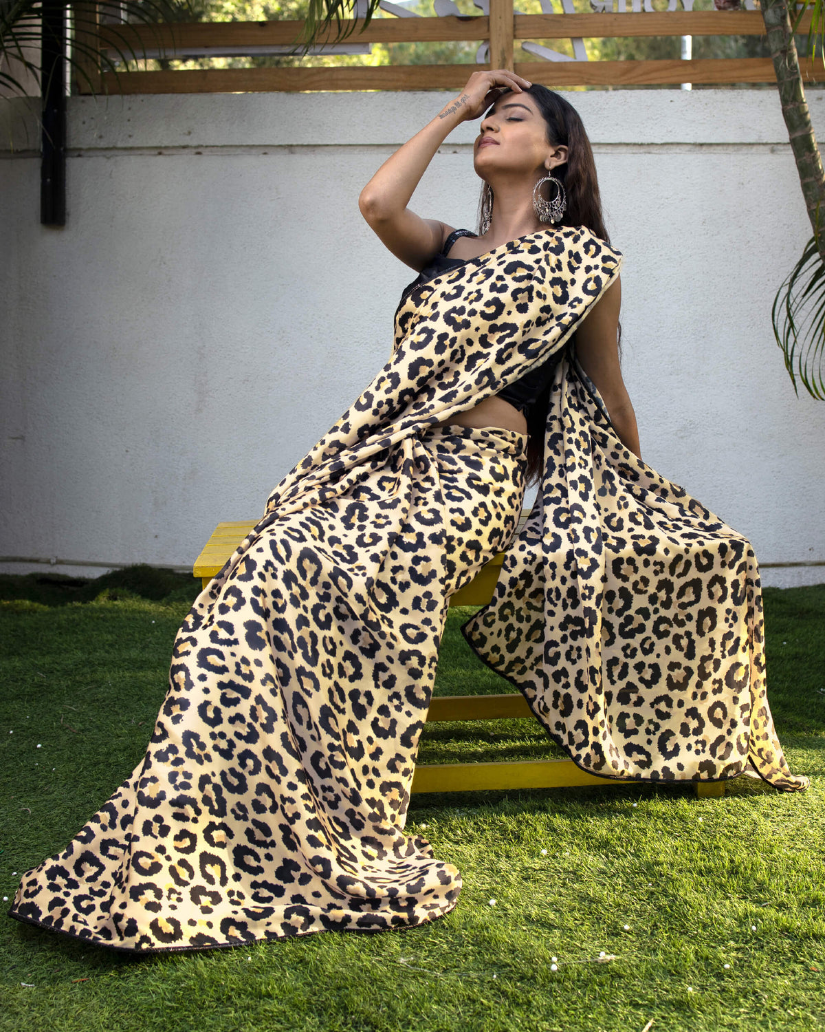 Black and Beige Animal Pattern Digital Print Georgette Satin Saree With Lace Border