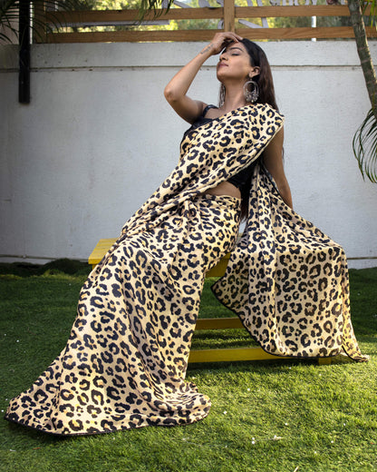 Black and Beige Animal Pattern Digital Print Georgette Satin Saree With Lace Border