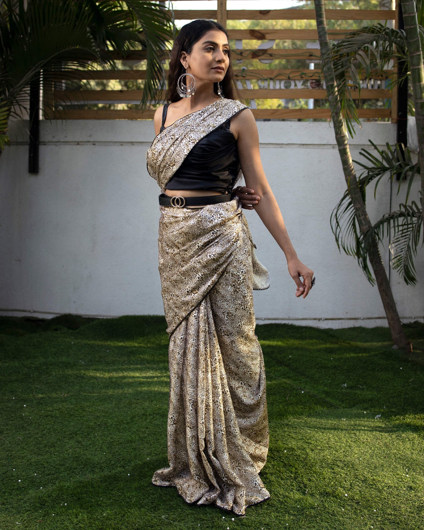 Olive Green And Black Animal Pattern Digital Print Crepe Silk Saree With Lace Border