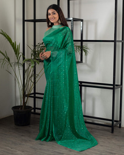 Kaitoke GreenTextured Pattern Booti Sequins Digital Print Liquid Organza Saree