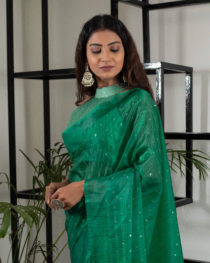 Kaitoke GreenTextured Pattern Booti Sequins Digital Print Liquid Organza Saree