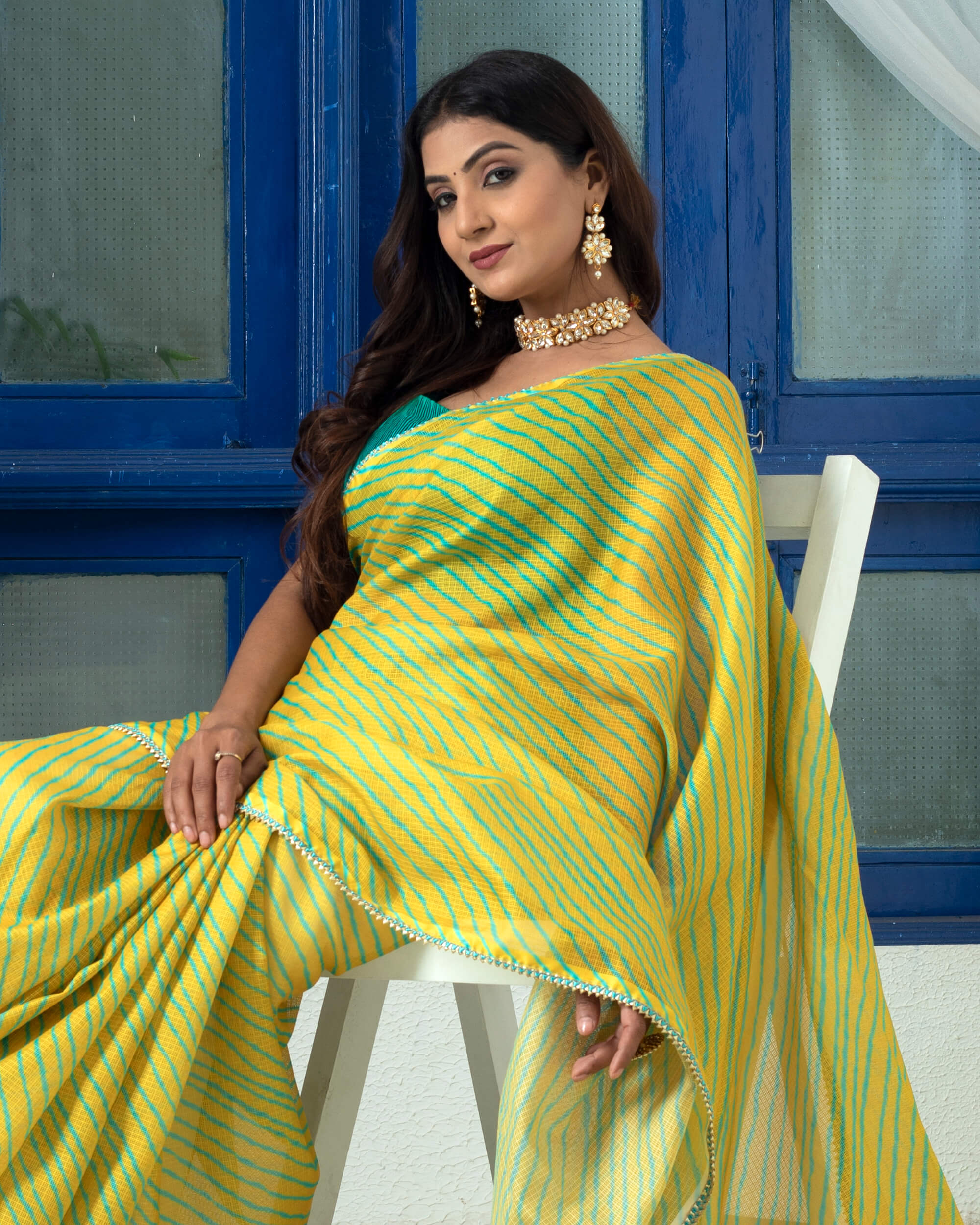 Yellow Saree With Lehariya Print And Gotta Patti Embroidered Buttis And  Border Online - Kalki Fashion | Stylish sarees, Elegant saree, Saree trends